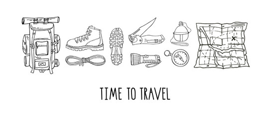 Wall Mural - Vector set of hand drawn elements isolated on white. Hiking gear for camping trips, adventurous backpacking. Backpack, boots, map, flashlight, reusable bottle. Lettering. Time to travel