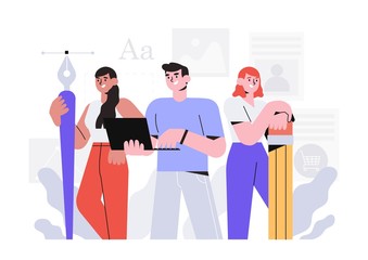Poster - Creative team or design studio vector illustration. Man with laptop and two women with pencil and pen with anchor point. The concept of meet our team, about us for web design or ui.