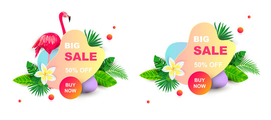  Summer sale banner with tropical leaves, flower plumeria, flamingo, liquid geometric shape. Place for text. Template for poster, web, invitation, flyer. Vector illustration set.