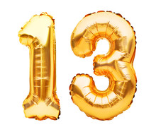 Number 13 Thirteen Made Of Golden Inflatable Balloons Isolated On White. Helium Balloons, Gold Foil Numbers. Party Decoration, Anniversary Sign For Holidays, Celebration, Birthday, Carnival