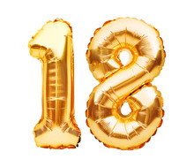 Number 18 Eighteen Made Of Golden Inflatable Balloons Isolated On White. Helium Balloons, Gold Foil Numbers. Party Decoration, Anniversary Sign For Holidays, Celebration, Birthday, Carnival