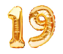 Number 19 Nineteen Made Of Golden Inflatable Balloons Isolated On White. Helium Balloons, Gold Foil Numbers. Party Decoration, Anniversary Sign For Holidays, Celebration, Birthday, Carnival