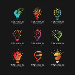 set of Modern Tech Bulb logo designs concept, Pixel Technology Bulb Idea logo template	