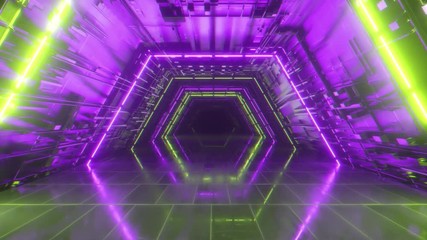 Wall Mural - Flying in a bright neon geometric tunnel. Future technology. Modern color spectrum. Room interior with glowing neon fluorescent lamps. Futuristic architecture background. Seamlees loop 3d render