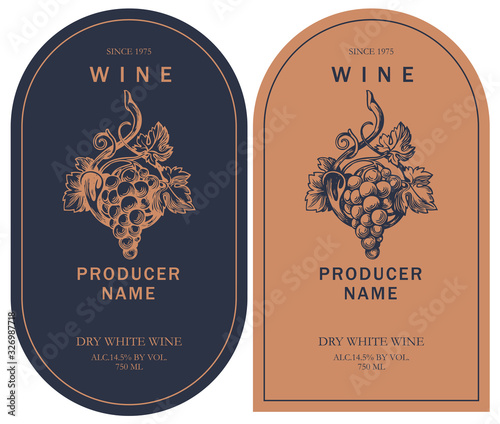 Set of two vector wine labels with hand-drawn bunch of grapes and calligraphic inscription in retro style in black and orange colors Tableau sur Toile