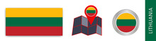 Collection Of Isolated National Flags Of Lithuania In Official Colors And Map Icons Of Lithuania With Country Flags.