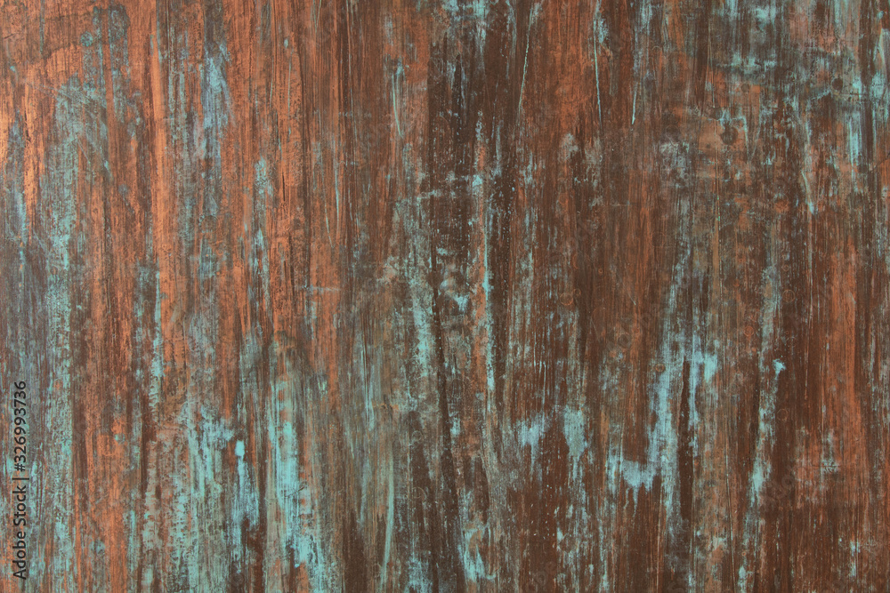 The texture of the copper background is covered with a patina - obrazy, fototapety, plakaty 