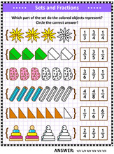 Math Puzzle Or Worksheet For Schoolchildren And Adults With Pictorial Fraction Representations By Sets. Answer Included.