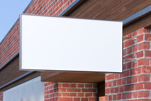 Horizontal Singboard Or Signage On The Red Brick Wall With Blank White Sign Mock Up. Side View. 3d Illustration