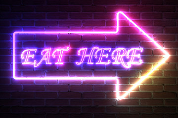 Poster - Arrow Neon Light Frame with Eat Here Sign. 3d Rendering