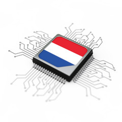 Poster - Microchip CPU Processor with Circuit and the Netherlands Flag. 3d Rendering