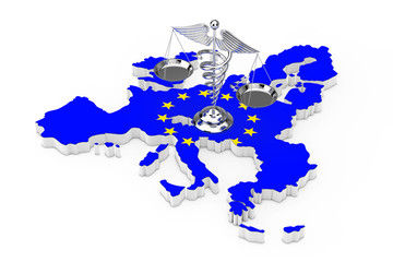 Poster - Medical Caduceus Symbol as Scales over European Union Map with flag of EU. 3d Rendering