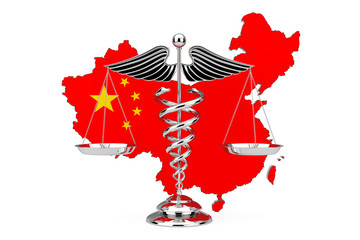 Poster - Medical Caduceus Symbol as Scales in front of China Map and Flag. 3d Rendering