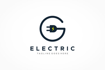 Poster - letter g electricity logo. circular line wire and plug icon with flash symbol inside. flat vector lo