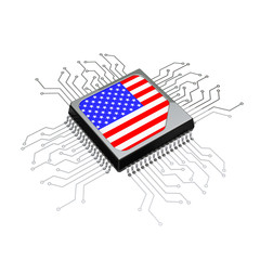 Poster - Microchip CPU Processor with Circuit and USA Flag. 3d Rendering