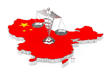 Poster - Medical Caduceus Symbol as Scales over China Map and Flag. 3d Rendering