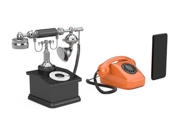 Poster - Technology Evolution Concept. Progress from Retro Rotary Phone to Mobile Phone. 3d Rendering