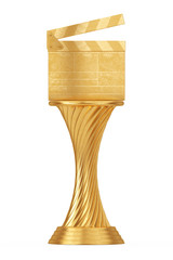 Poster - Cinema Award Concept. Golden Award Trophy Movie Slate Clapper Board. 3d Rendering