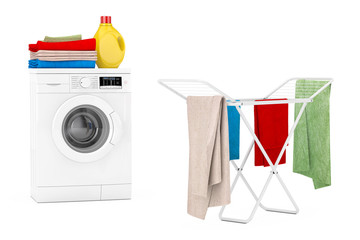 Poster - Clothes over White Folding Metal Clothes Drying Rack near White Modern Washing Machine with Detergent Bottle and Pile of Clothes. 3d Rendering