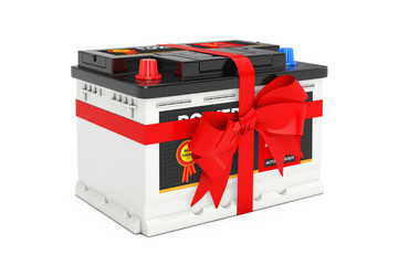 Aufkleber - Rechargeable Car Battery 12V Accumulator with Abstract Label and Red Gift Bow and Ribbon. 3d Rendering