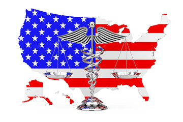 Poster - Medical Caduceus Symbol as Scales in front of USA Map. 3d Rendering
