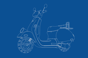 Poster - Technical Illustration of Wire-frame Style Classic Vintage Retro or Electric Scooter Blueprint. 3d Rendering