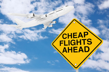Poster - Cheap Flights Ahead Traffic Sign with White Jet Passenger's Airplane. 3d Rendering