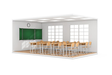 Aufkleber - School Classroom Interior with Large Window, School Desks, Chairs, Blackboard and Wooden Parquet Floor. 3d Rendering
