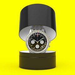 Poster - Luxury Classic Analog Men's Wrist Silver Watch with Gift Box. 3d Rendering