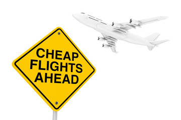 Poster - Cheap Flights Ahead Traffic Sign with White Jet Passenger's Airplane. 3d Rendering