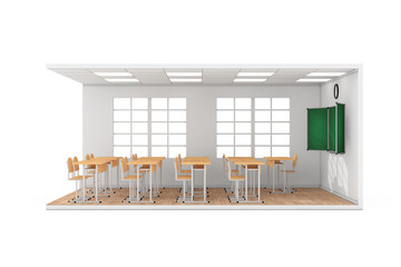 Aufkleber - School Classroom Interior with Large Window, School Desks, Chairs, Blackboard and Wooden Parquet Floor. 3d Rendering