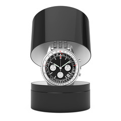 Poster - Luxury Classic Analog Men's Wrist Silver Watch with Gift Box. 3d Rendering