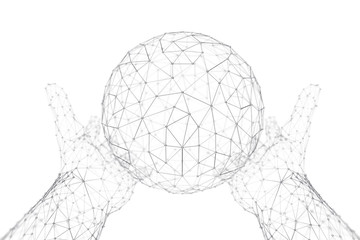 Aufkleber - Abstract Polygonal Sphere Atom, DNA, Neurons, Globe, Molecule with Hands in Wire Frame Style. 3d Rendering