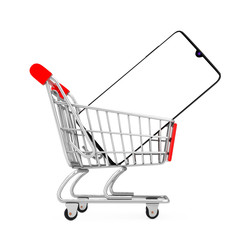 Poster - Mobile Phone with Blank Screen for Your Design in Shopping Cart Trolley. 3d Rendering