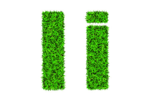 Green grass font. The letter I. Lawn texture alphabet on white background.