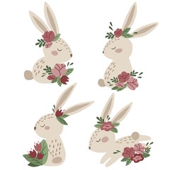 Set of cute cartoon bunny with pink flowers. Vector illustration.