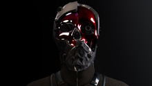 3D Composite Illustration Of Cyborg With A Skull Face Pilot, Aviator With Multiple Optical Elements, Different Lenses To Capture All In Details. 3D Rendering. Art