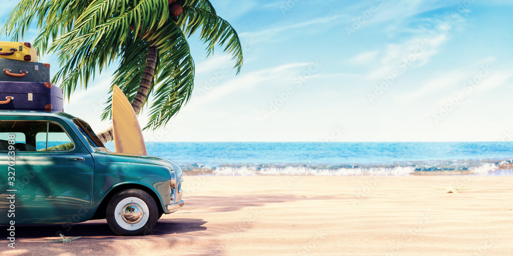 Green car with luggage ready for summer holidays 3D Rendering - obrazy, fototapety, plakaty 