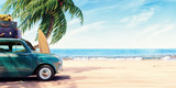Green car with luggage ready for summer holidays 3D Rendering