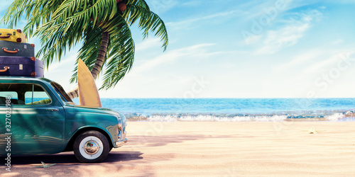 Green car with luggage ready for summer holidays 3D Rendering Poster Mural XXL