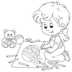 Wall Mural - Cute little girl smiling and drawing a decorated Easter egg with pencils on a big sheet of paper for a greeting card, black and white vector cartoon illustration for a coloring book page