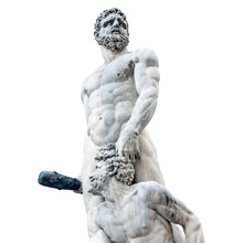The Statue Of Demi-god Hercules Pulling The Hair Of Cacus By Baccio Bandinelli Isolated On White Background. Picture Is Taken In The Public Place In Piazza Della Signoria In Florence, Italy