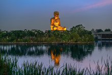Luang Pu Tuad, (The Huge Golden Buddha) After Sunset View From The Lake, Ban Mai, Maha Rat District, Phra Nakhon Si Ayutthaya, Thailand. 