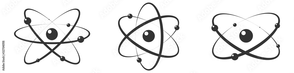 Atom icon in flat design. Set gray molecule symbol or atom symbol isolated. Vector illustration - obrazy, fototapety, plakaty 