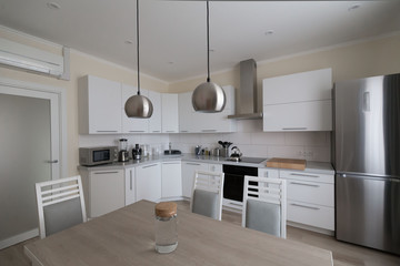 Interior. Kitchen modern, white, gray, beige color