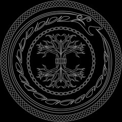 Contour yggdrasil and ouroboros in ornamented circles on black background