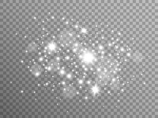 Poster - White stars and sparks on transparent backdrop. Silver particles with stardust. Magic glitter composition. Special light effect. Festive glowing particles. Vector illustration