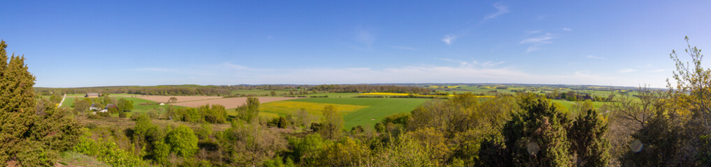 Wall Mural - Panoramic view over the southern Sweden (Skåne, Scanian) farm landscape on a spring day with green field and yellow canola rapeseed fields