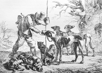 Wall Mural - Picture of a man feeding dogs in the old book Des Peintres, by C. Blanc, 1863, Paris