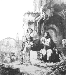 Wall Mural - Picture of Samarithan woman talking to Jesus near the well in the old book Des Peintres, by C. Blanc, 1863, Paris